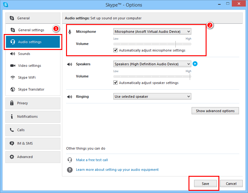 Skype audio settings