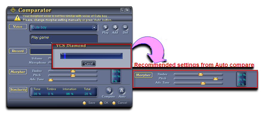 Voice comparator recommends settings - Voice Changer